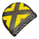 Golf club head cover with yellow cross design on a white background