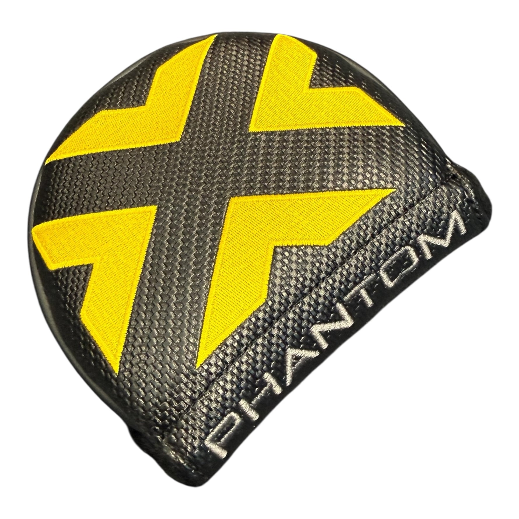 Golf club head cover with yellow cross design on a white background