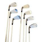 Set of golf clubs on a white background