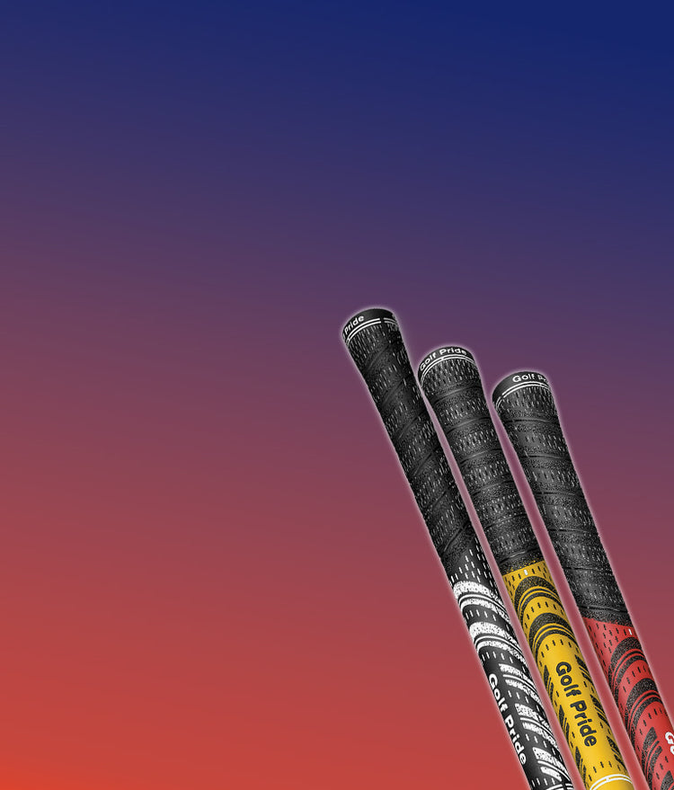 Three golf club grips with 'Golf Pride' branding against a gradient sky background